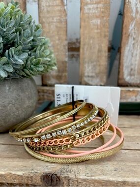Mixed Metal 8-pc Rhinestone Bangle Bracelet Set Lt. Coral NWT!